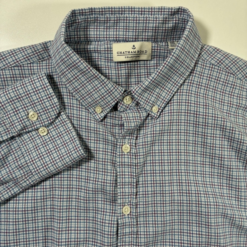 Chatham Road Shirt 2XL Blue Burgundy Plaid Button Down Tencel Blend Stretch